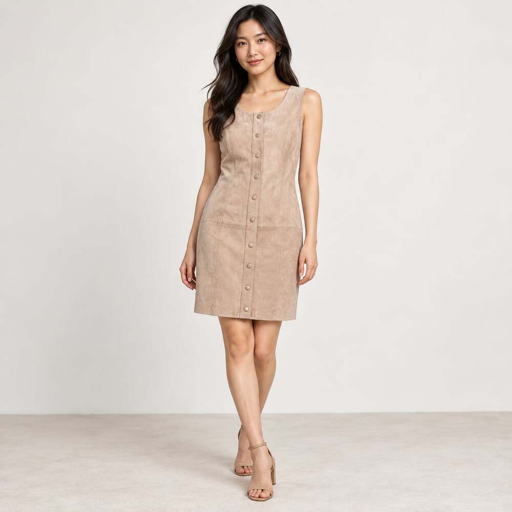Mango Genuine Leather Suede Button-Front Sleeveless Mini Dress